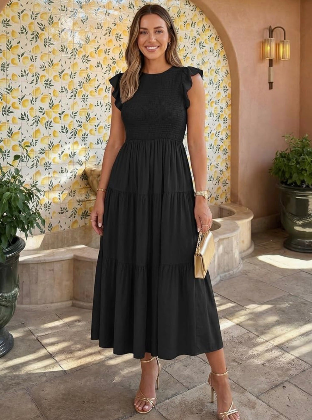 Sz L - Black Ruffle Sleeve Dress